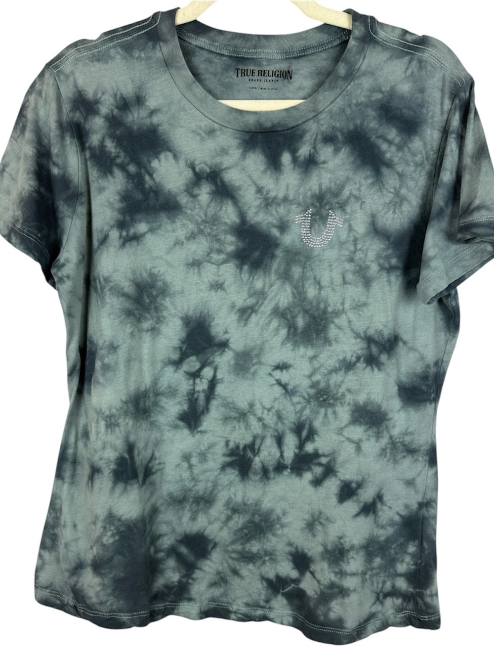 True Religion Crystal HS Tie Dye Crew Neck Tee Rhinestone Logo XL Gray Blue